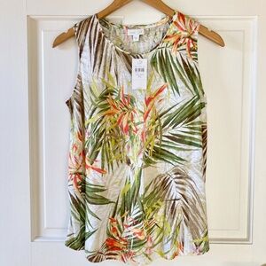 NWT J. Jill Linen Knit Tank Top Tan Green Orange XS Jungle Floral Tiger Lily